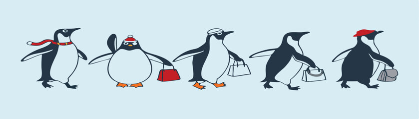 Penguin Vector Collection – Stylized Emperor Penguins Walking, Swimming, and Grouped in Arctic Wildlife Scene.