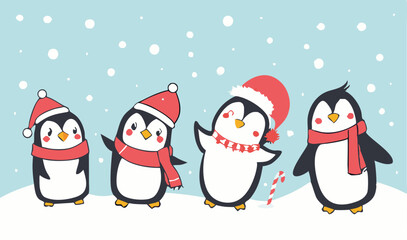 Cute Cartoon Penguin Collection – Winter Holiday, Snow Fun, and Summer Beach Clipart Set for Kids Designs and Seasonal Decorations.