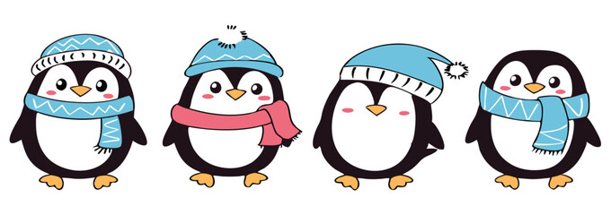 Cute Cartoon Penguin Collection – Winter Holiday, Snow Fun, and Summer Beach Clipart Set for Kids Designs and Seasonal Decorations.