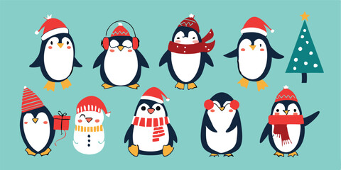 Cute Cartoon Penguin Collection – Winter Holiday, Snow Fun, and Summer Beach Clipart Set for Kids Designs and Seasonal Decorations.
