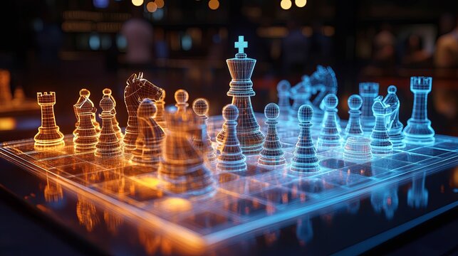 A futuristic chess game with glowing wireframe pieces.