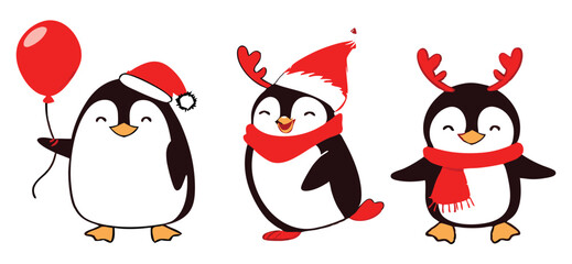Cute Cartoon Penguin Collection – Winter Holiday, Snow Fun, and Summer Beach Clipart Set for Kids Designs and Seasonal Decorations.