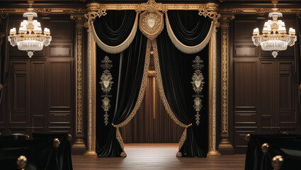 Fototapeta premium Opulent black velvet curtains adorned with gold embroidery grace a grand, dark wood room, illuminated by sparkling crystal chandeliers, creating an atmosphere of regal elegance.
