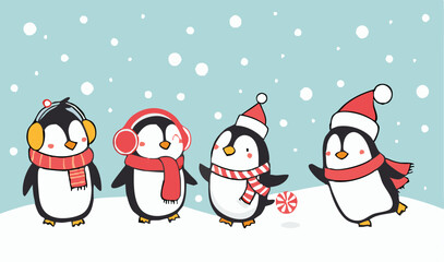 Cute Cartoon Penguin Collection – Winter Holiday, Snow Fun, and Summer Beach Clipart Set for Kids Designs and Seasonal Decorations.