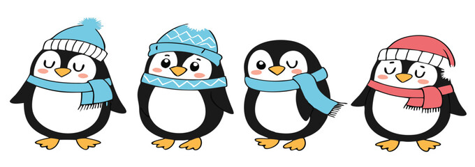 Cute Cartoon Penguin Collection – Winter Holiday, Snow Fun, and Summer Beach Clipart Set for Kids Designs and Seasonal Decorations.