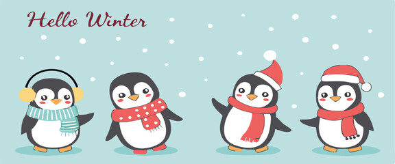 Cute Cartoon Penguin Collection – Winter Holiday, Snow Fun, and Summer Beach Clipart Set for Kids Designs and Seasonal Decorations.