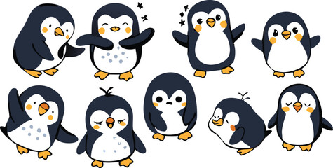 Penguin Vector Collection – Stylized Emperor Penguins Walking, Swimming, and Grouped in Arctic Wildlife Scene.