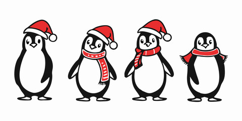 Cute Cartoon Penguin Collection – Winter Holiday, Snow Fun, and Summer Beach Clipart Set for Kids Designs and Seasonal Decorations.