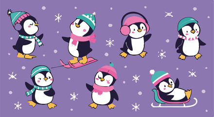 Cute Cartoon Penguin Collection – Winter Holiday, Snow Fun, and Summer Beach Clipart Set for Kids Designs and Seasonal Decorations.