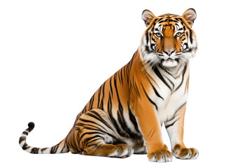 Fototapeta premium A tiger sitting and looking straight ahead on a dark background on transparent background