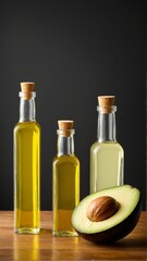 Golden Elixir: Three Glass Bottles of Infused Oil with a Fresh Avocado Half on a Wooden Surface.