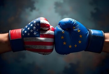 American and EU Flag Gloves Emblematically Confronting in a Symbolic Diplomatic Showdown, Tariffs