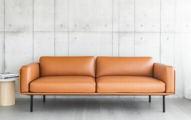Fototapeta premium Modern leather sofa in minimalist living room with concrete wall and natural light