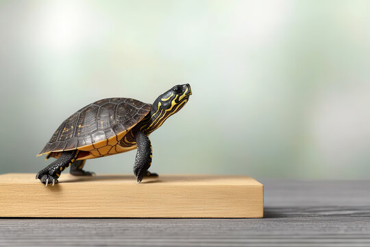 turtle standing on wooden surface, showcasing its unique shell and vibrant colors