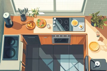 Top view of stylish kitchen interior with eating and cooking area near window