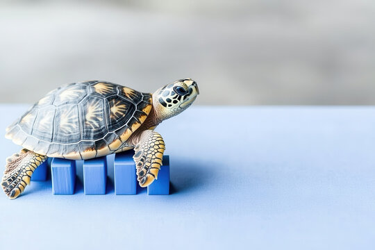 turtle moving across flat blue surface, showcasing its unique shell and features