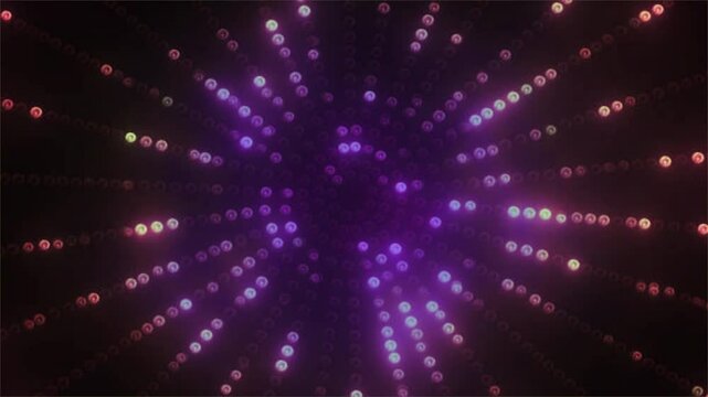Motion graphic: Neon dots exploding outward with radial motion in dark space