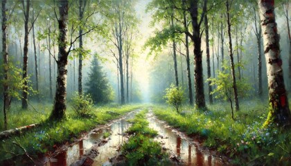 Fototapeta premium Impressionist painting of spring forest after rain with muddy path