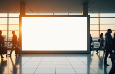 Empty advertising display in bustling airport terminal with golden lighting.