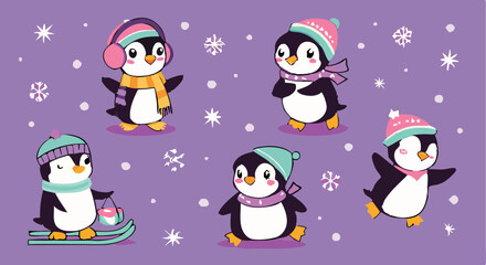 Cute Cartoon Penguin Collection – Winter Holiday, Snow Fun, and Summer Beach Clipart Set for Kids Designs and Seasonal Decorations.