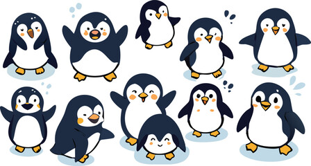 Penguin Vector Collection – Stylized Emperor Penguins Walking, Swimming, and Grouped in Arctic Wildlife Scene.