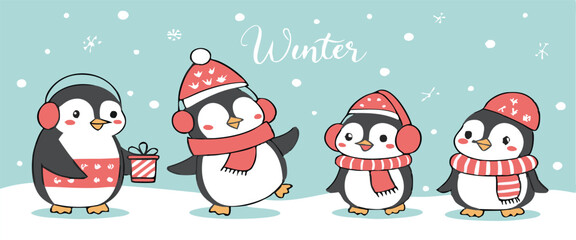Cute Cartoon Penguin Collection – Winter Holiday, Snow Fun, and Summer Beach Clipart Set for Kids Designs and Seasonal Decorations.