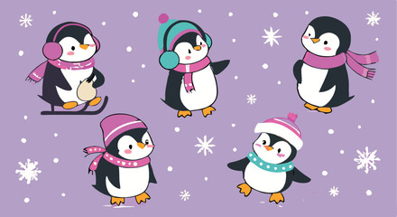 Cute Cartoon Penguin Collection – Winter Holiday, Snow Fun, and Summer Beach Clipart Set for Kids Designs and Seasonal Decorations.