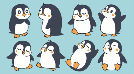 Penguin Vector Collection – Stylized Emperor Penguins Walking, Swimming, and Grouped in Arctic Wildlife Scene.