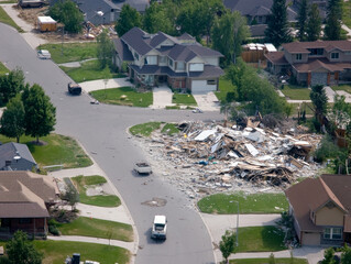 Aerial view of residential neighborhood showing severe earthquake damage, with debris and destroyed houses amidst intact homes.