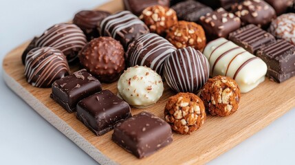 Assorted chocolate truffles and squares on a wooden board.  A variety of delicious chocolate treats, meticulously crafted and arranged