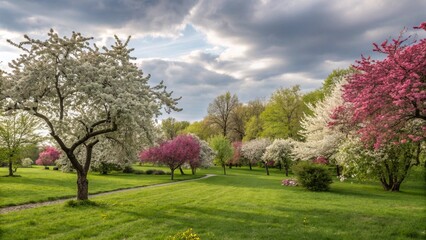 Obraz premium Spring garden with blooming trees and green lawn