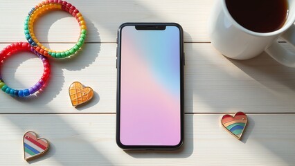 LGBTQ+ smartphone UI mockup flat lay. Colorful interface placeholder on phone with symbolic decor around, styled on wooden surface.