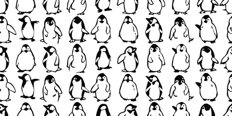 Penguin Vector Collection – Stylized Emperor Penguins Walking, Swimming, and Grouped in Arctic Wildlife Scene.