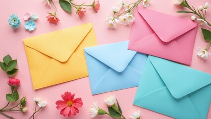 Pastel rainbow envelope flat lay. LGBTQ+ love letters and messages. Editable invitation layout.