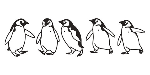 Fototapeta premium Penguin Vector Collection – Stylized Emperor Penguins Walking, Swimming, and Grouped in Arctic Wildlife Scene.