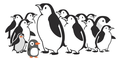 Penguin Vector Collection – Stylized Emperor Penguins Walking, Swimming, and Grouped in Arctic Wildlife Scene.