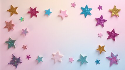 Glitter stars rainbow flat lay. LGBTQ+ creative celebration background. Festive sparkle design.