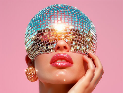 Glamorous fashion portrait featuring a woman in mirrored disco headgear and glossy pink lips. A vibrant and retro-futuristic expression of nightlife and beauty.