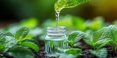 A dropper bottle dispensing liquid into a glass jar with fresh mint leaves, perfect for aromatherapy or skincare product concepts.