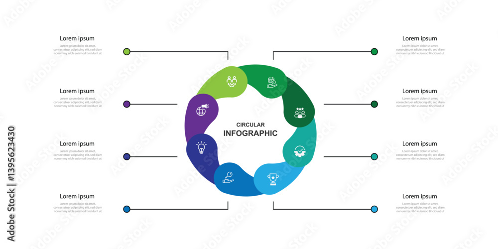 Poster 8 step infographic template. Timeline process with circular concept and icons