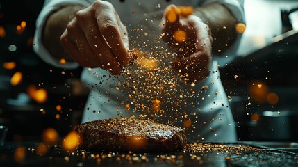 A chef's hands expertly season a flavorful steak with a blend of spices.