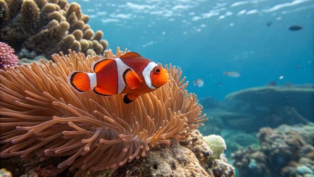 Clownfish near coral and actinia
