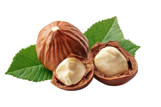 A close up of whole and halved hazelnuts with green leaves around on transparent background