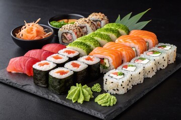 Image of a diverse sushi set with rolls, nigiri and sashimi.