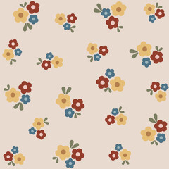 Cute cartoon flower and leaves vector seamless pattern. Repeated flora pattern design for fabric, wrapping, textile, wallpaper, apparel, pajamas, card, stationary.