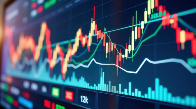Recession and economic uncertainty, A business news broadcast featuring a volatile stock graph to illustrate market fluctuations.