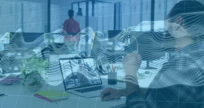 Business team working in office with digital wave animation overlay
