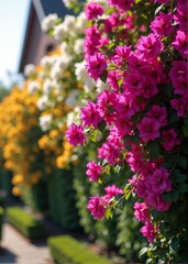 Obraz premium Blooming bougainvillea hedge in vibrant colors with a sunny background