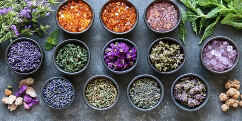 An assortment of colorful flowers and herbs arranged in small pots, ideal for beauty or health themes.