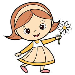 Cartoon Girl Holding Daisy Flower with Transparent Background in Style